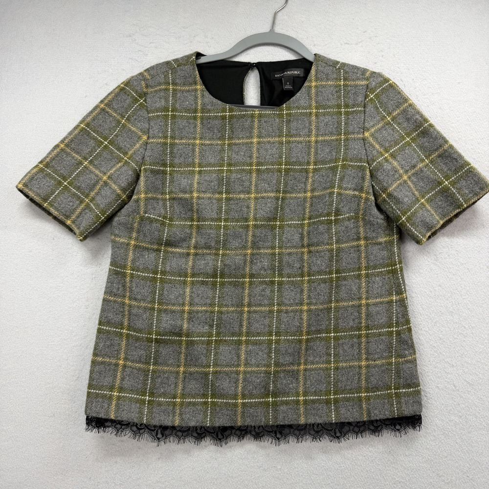 Banana Republic Top‎ Womens Small S Plaid Grey Yellow Tweed Knit Lace Trim Wool